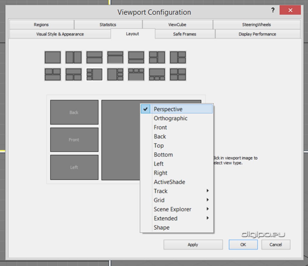 Выбор вида для каждого окна проекции 3ds Max